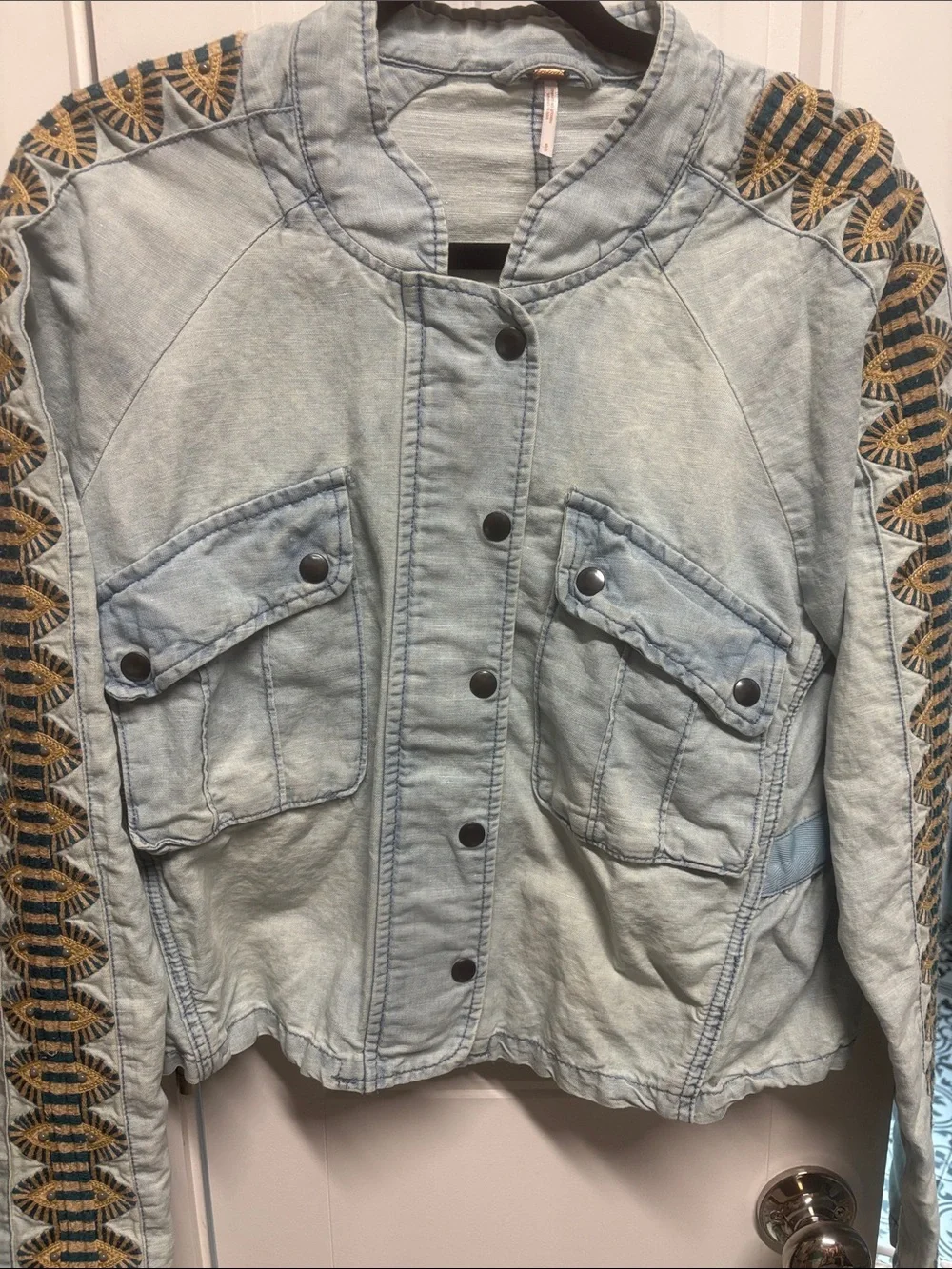 Free People Light Blue Embroidered Sleeve Jean Jacket - Picture 3 of 4